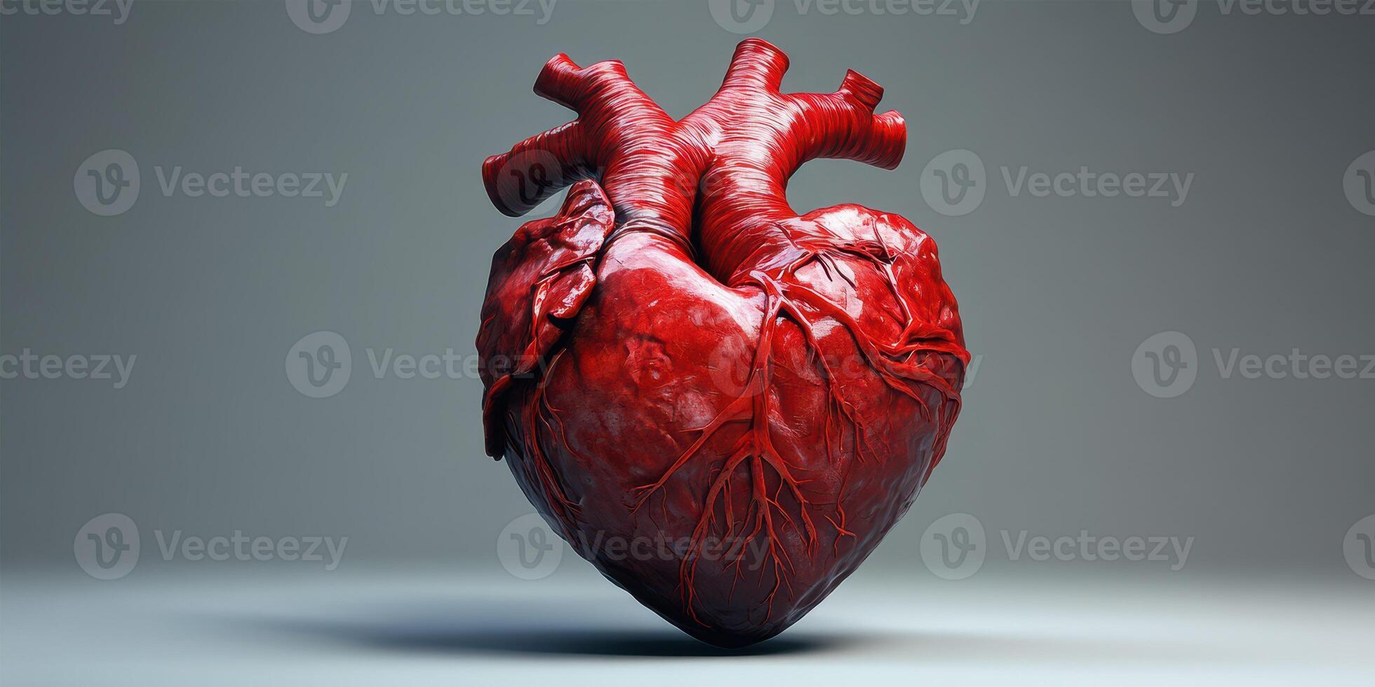 Realistic human heart model on display highlighting anatomical details in a minimalistic studio setting photo
