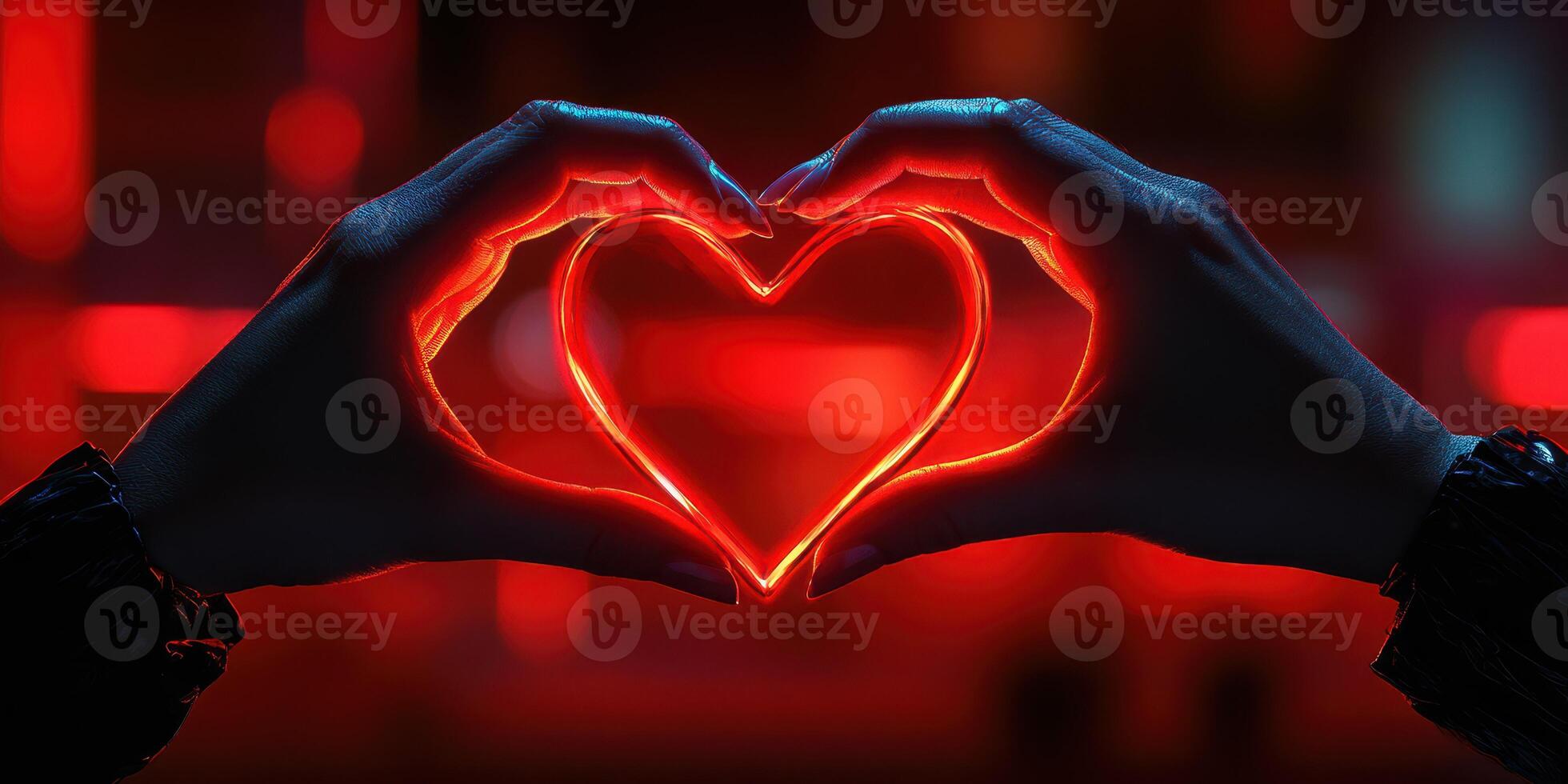 Hands create a glowing heart shape against a red background in a dark setting photo