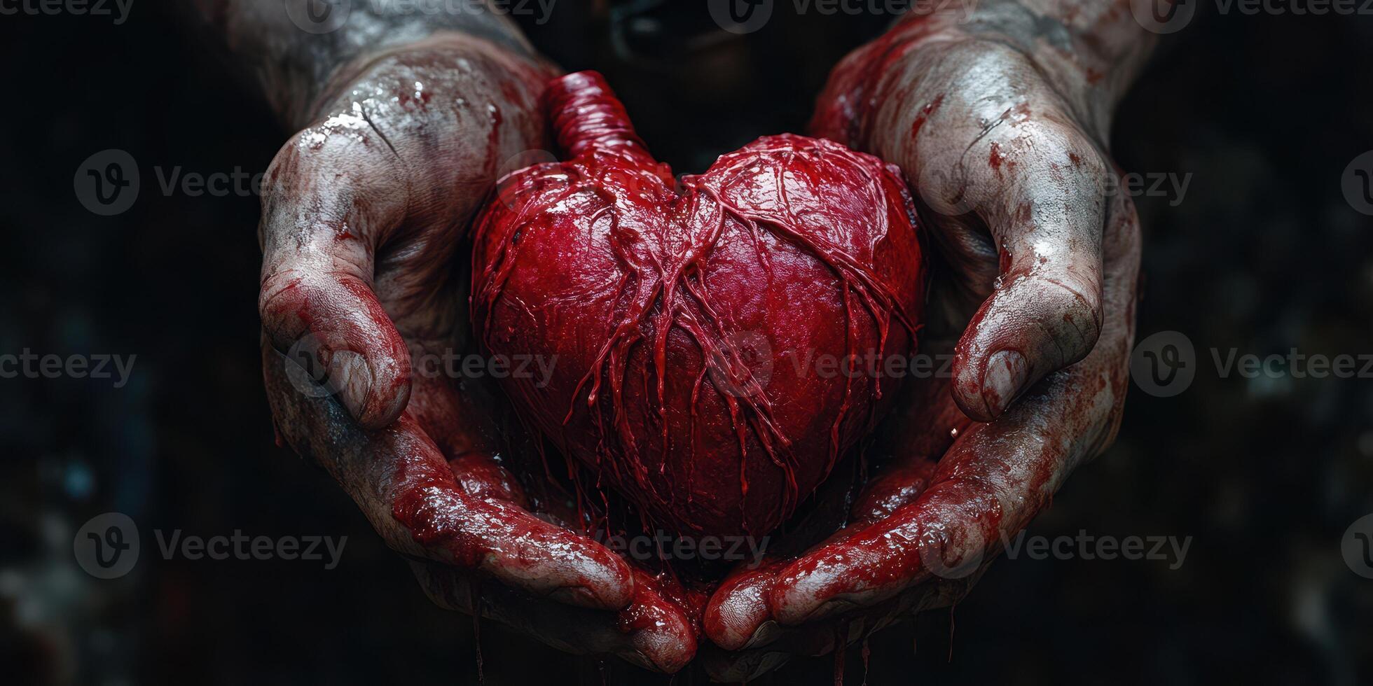 Hands cradling a red heart with intricate details show deep emotion and connection during dark, moody atmosphere photo