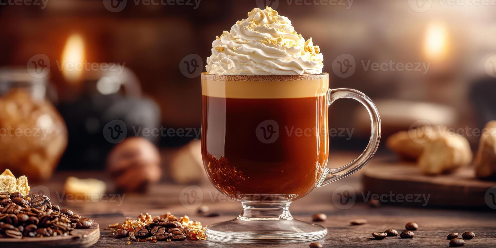 Warm coffee drink topped with whipped cream and caramel sits on a rustic wooden table surrounded by coffee beans and pastries photo