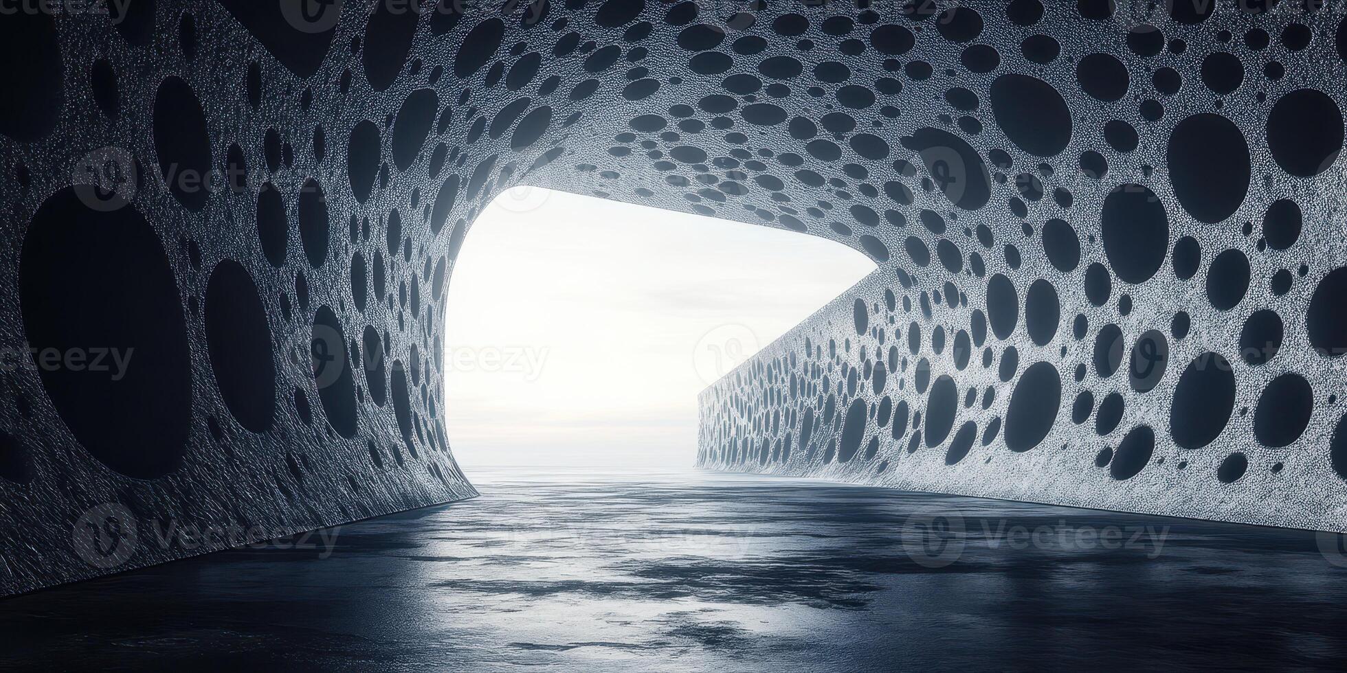 Unique architectural design featuring large holes in a smooth surface creating an intriguing corridor near water photo