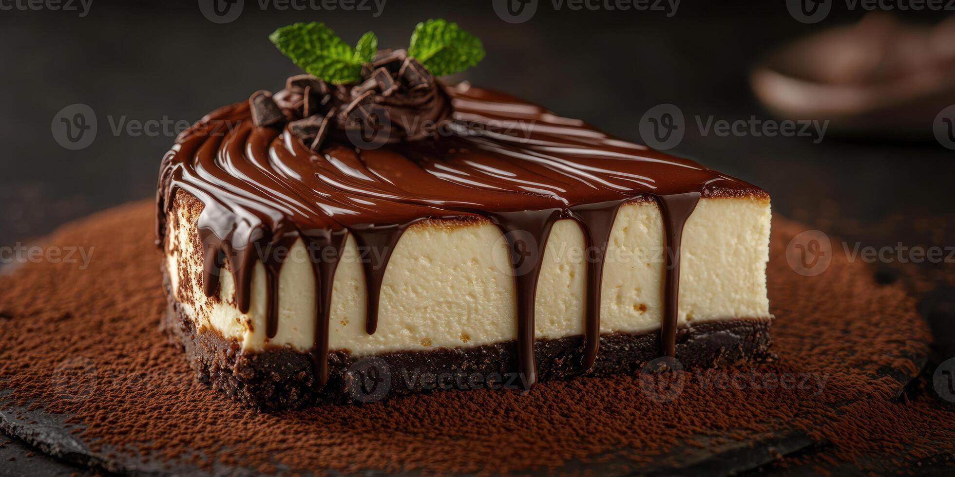 Decadent chocolate cheesecake slice adorned with cocoa and mint on a dark background photo