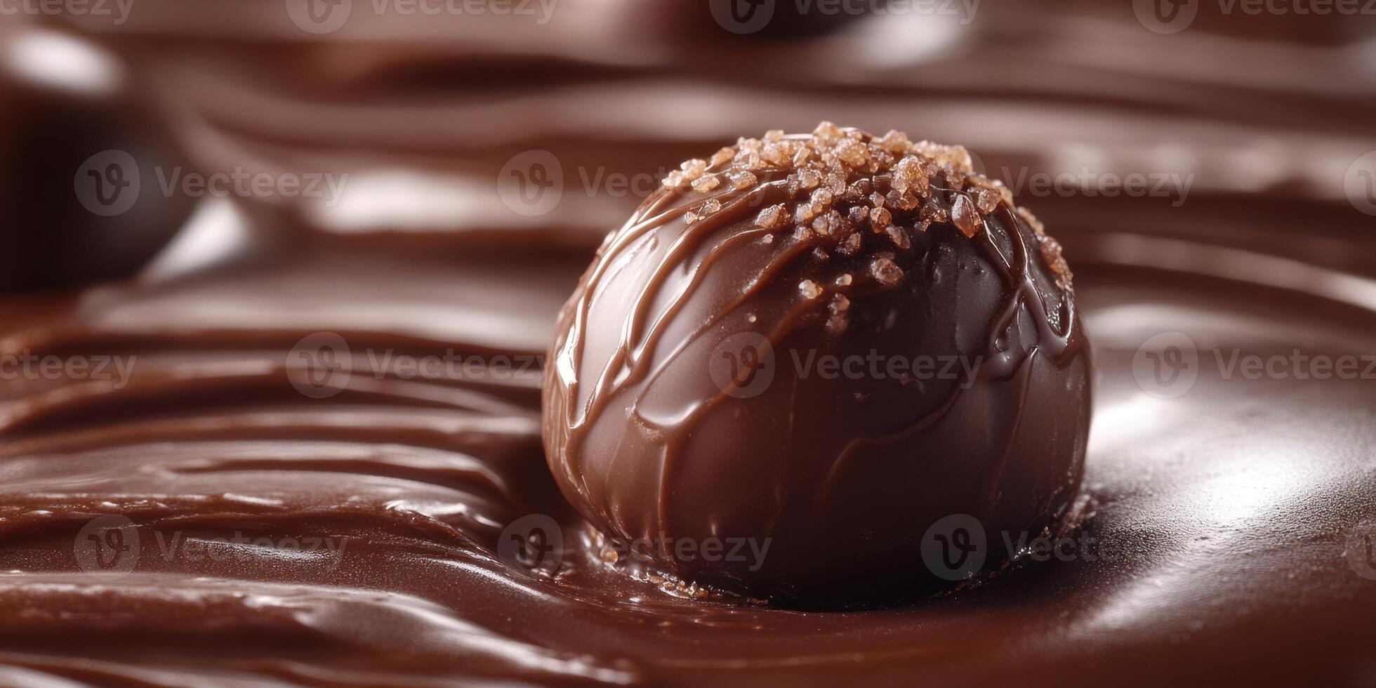 Delicious chocolate truffle resting atop smooth melted chocolate with a sprinkle of sugar crystals photo