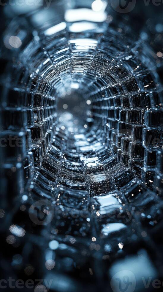 Intricate patterns of light and reflections within a transparent cylinder create a mesmerizing visual experience in an artistic composition photo