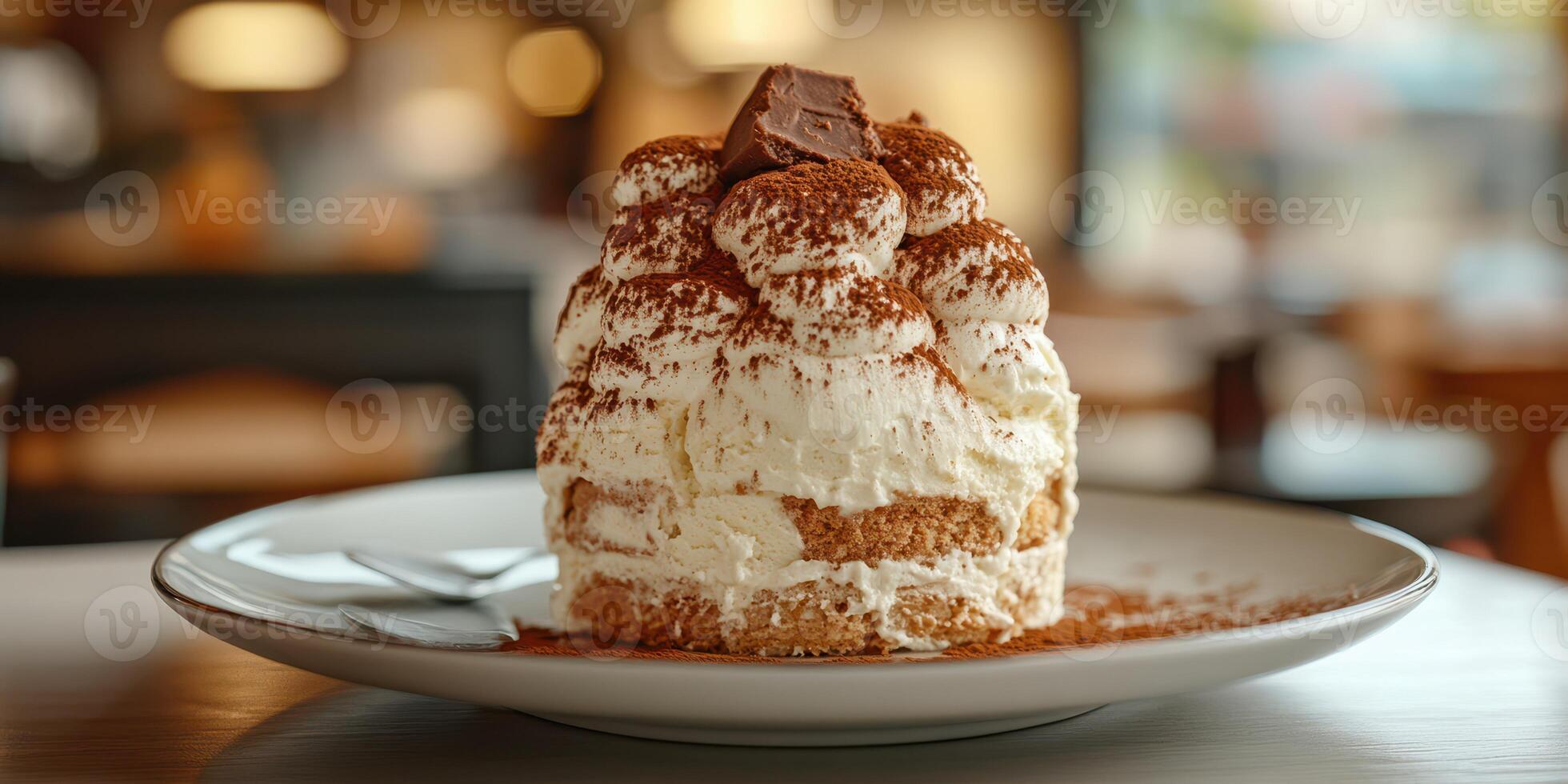 Delicious dessert served in a cozy cafe featuring whipped cream and chocolate on a rustic table photo