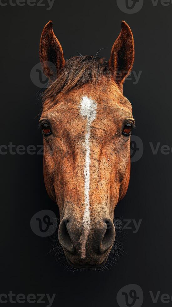 Close-up of a beautiful chestnut horse with distinctive markings against a dark background photo