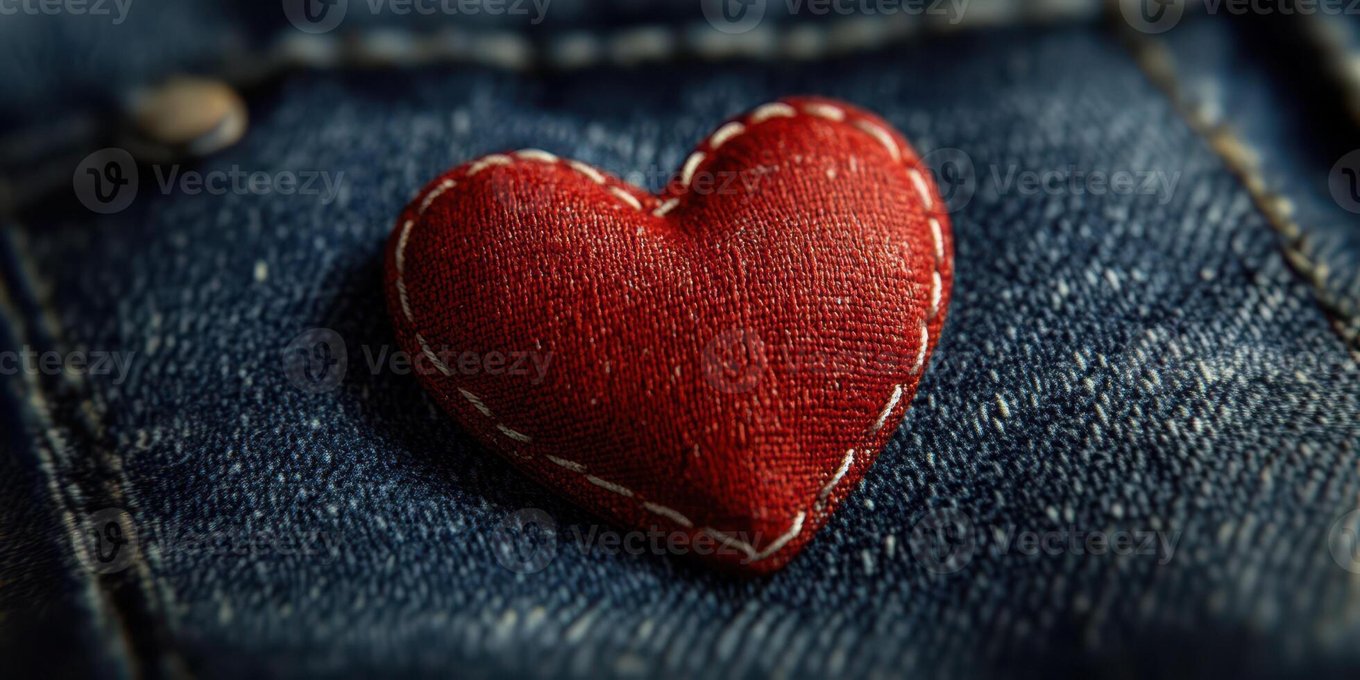 Heart-shaped patch on denim fabric shows texture and detail in close-up view during daytime photo