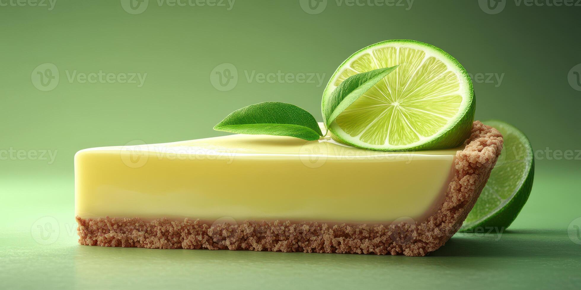 Delicious slice of lime pie garnished with fresh lime slices and green leaves on a smooth surface photo