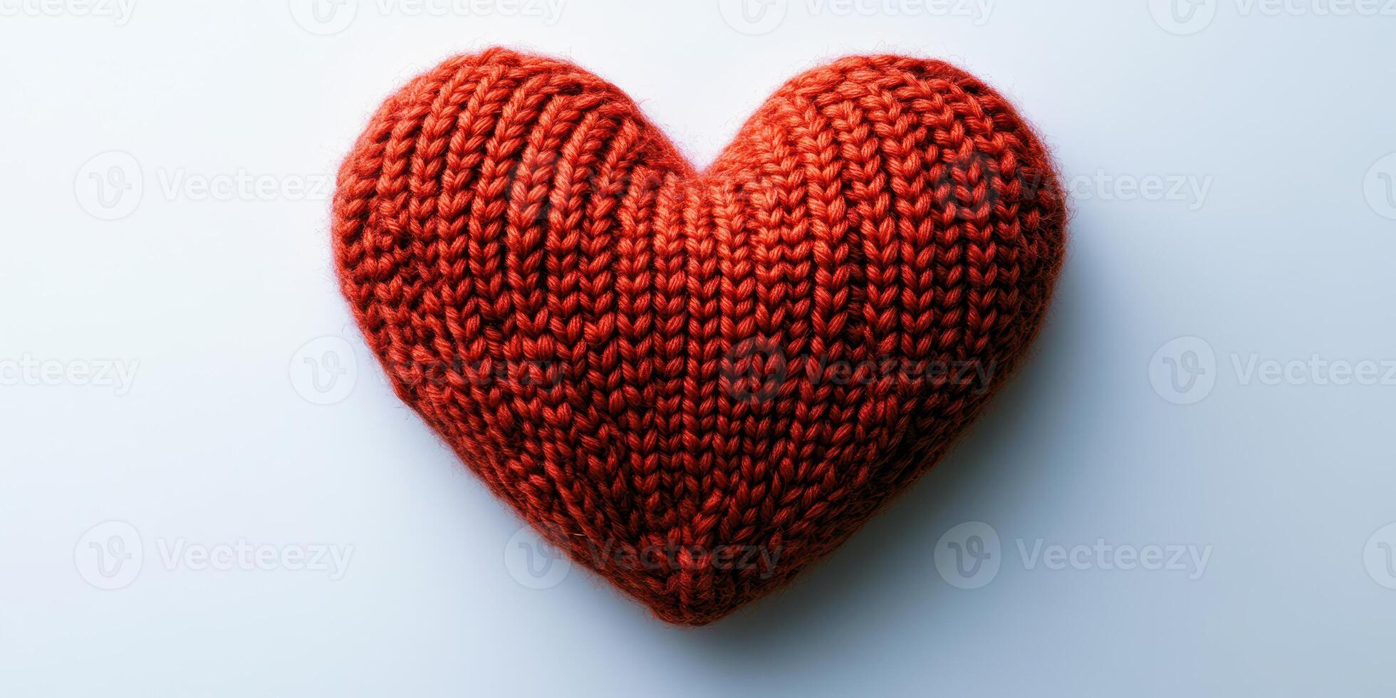 Knitted red heart plush toy resting on a light background showcasing craftsmanship and warmth photo