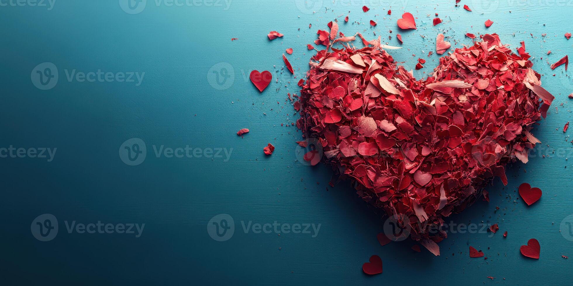 Colorful heart made from red paper shavings on a blue surface for Valentine's Day decoration and celebration photo