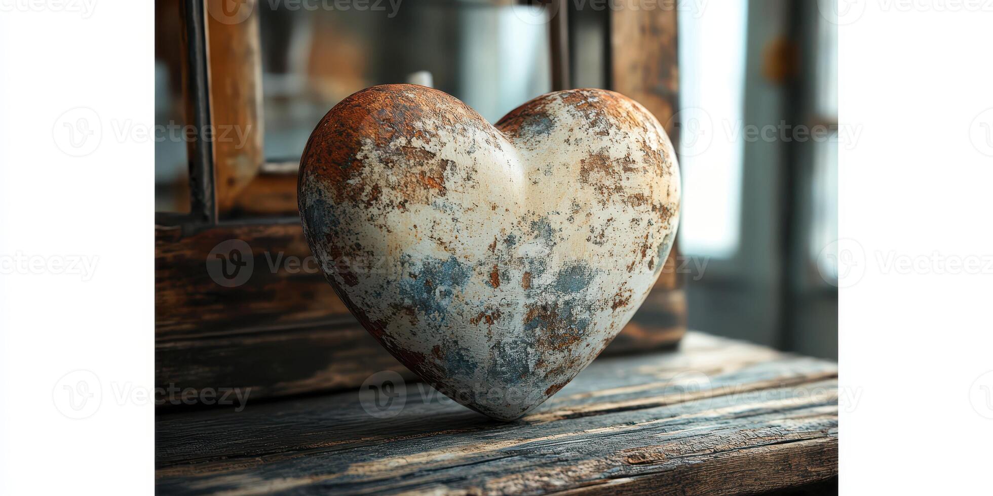 Heart-shaped decoration in rustic setting with vintage wood background and worn textures photo