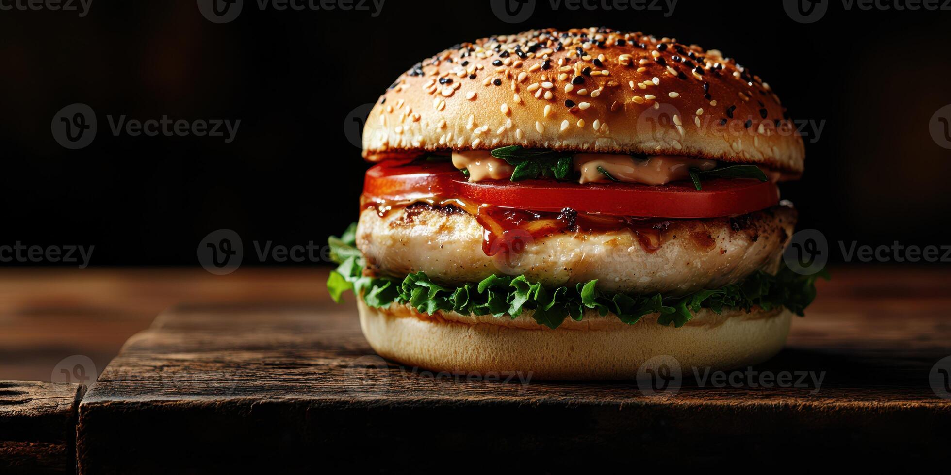 Juicy grilled chicken burger with lettuce and tomato on a rustic wooden table photo