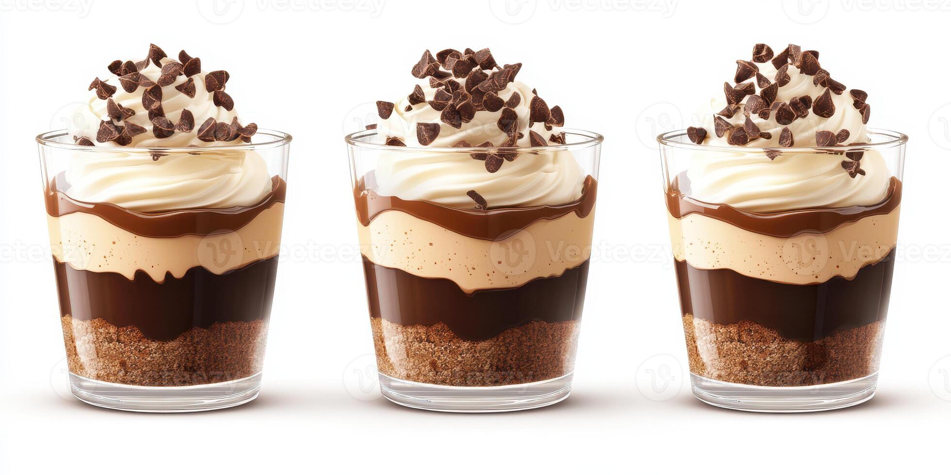 Delightful dessert cups with layers of chocolate, caramel, and whipped cream topped with chocolate shavings photo