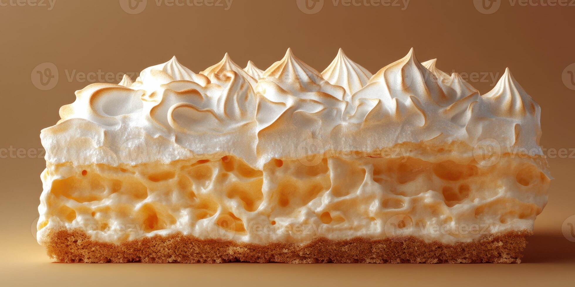 Delicious dessert showcasing layers of meringue and creamy filling on a golden background photo