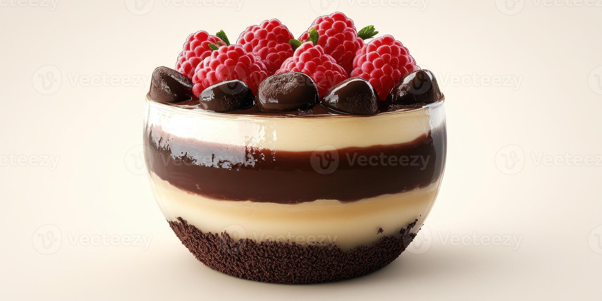 Creamy dessert layered with chocolate and vanilla custard topped with raspberries and chocolate candies photo