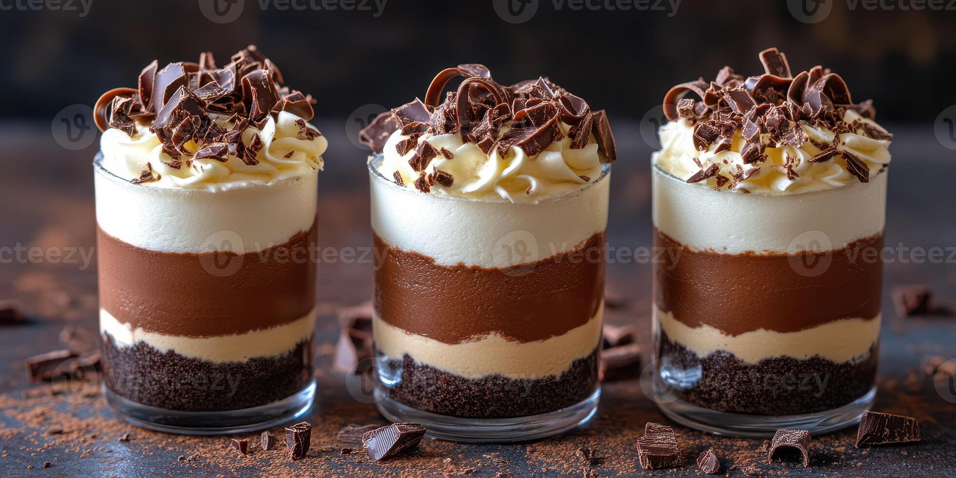 Delicious layered dessert with chocolate mousse and whipped cream garnished with chocolate shavings served in individual glasses photo