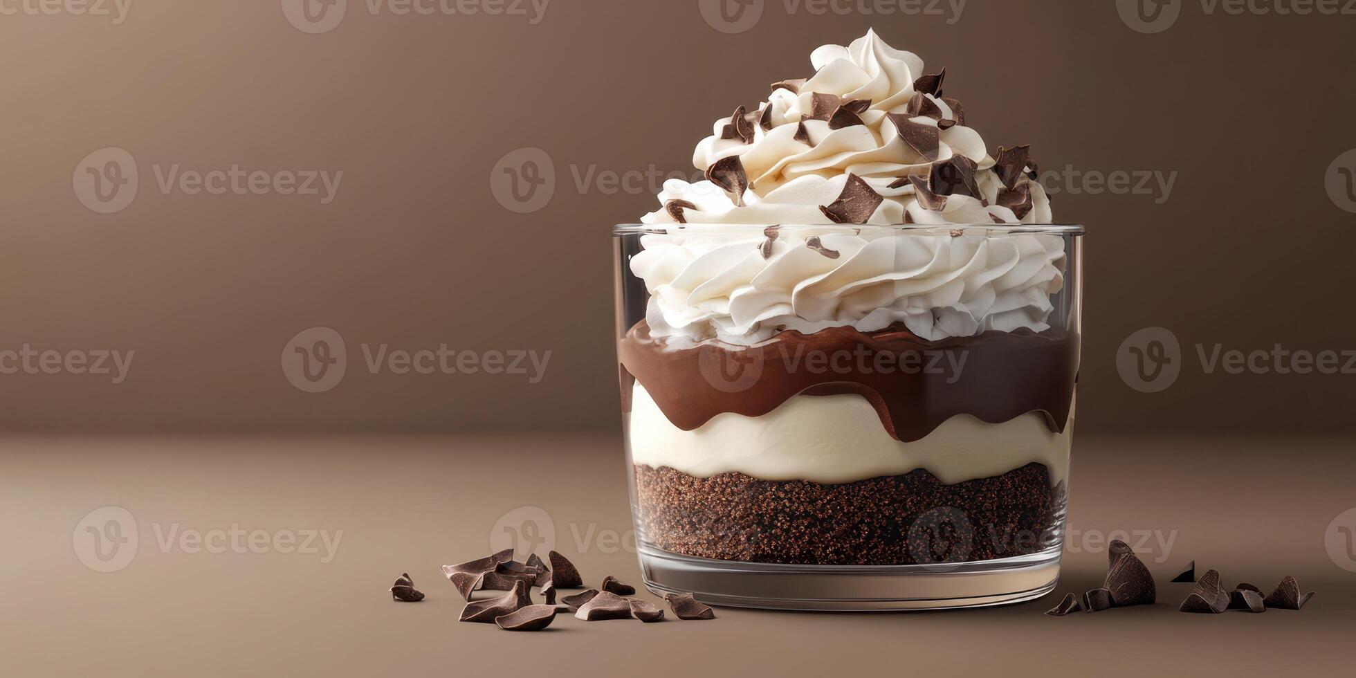 Indulgent chocolate mousse parfait layered with cream and chocolate chips on a neutral backdrop photo