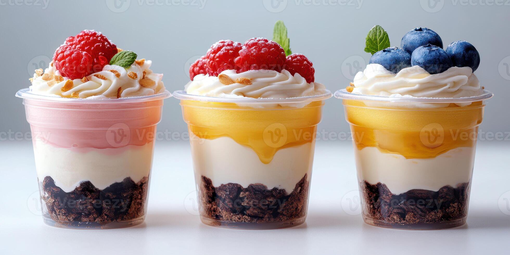 Colorful dessert cups with layers of creamy mousse and fresh berries served on a clean surface photo