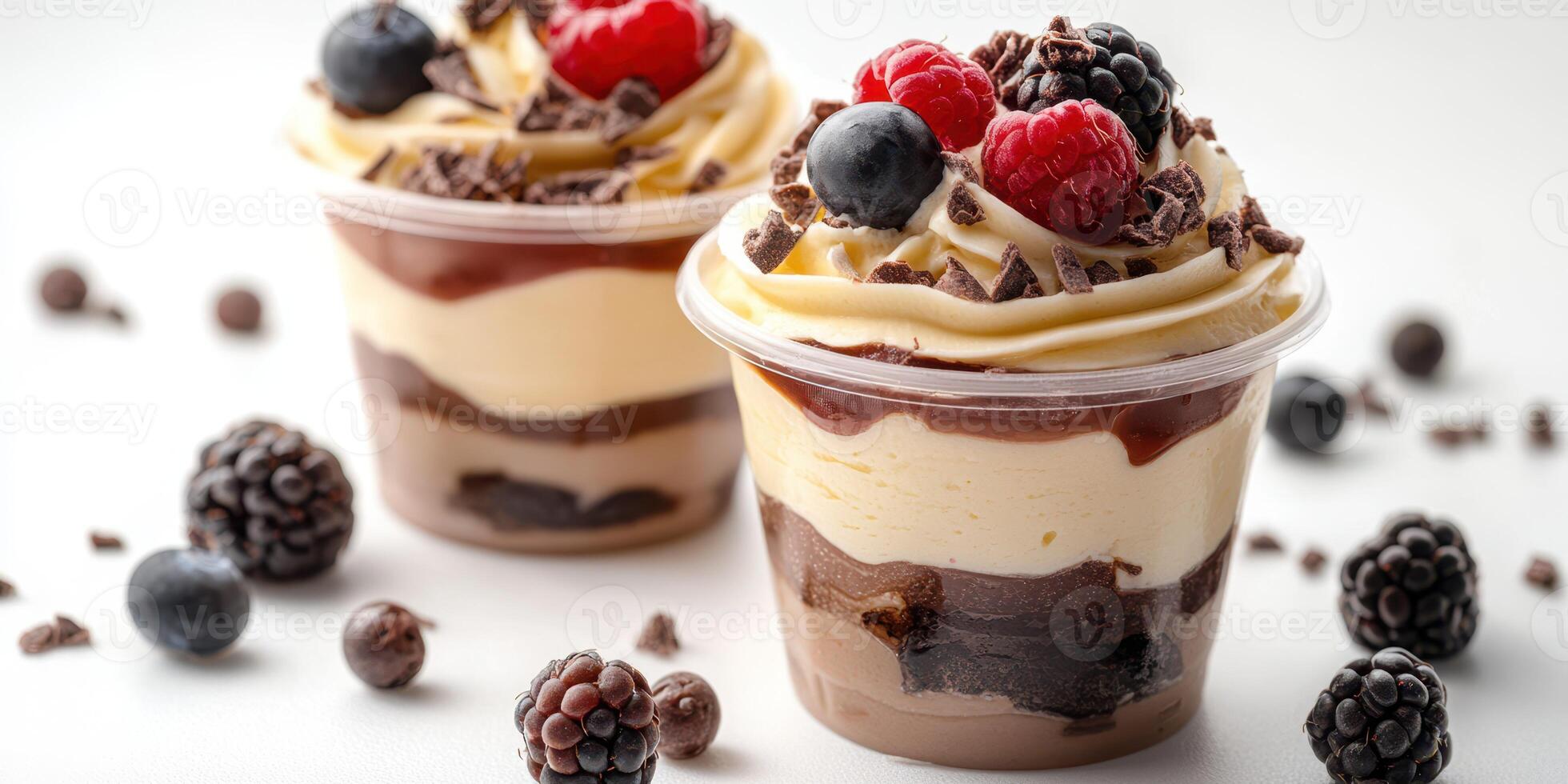 Delightful dessert cups with layers of chocolate, vanilla, and fresh berries in a clean presentation photo