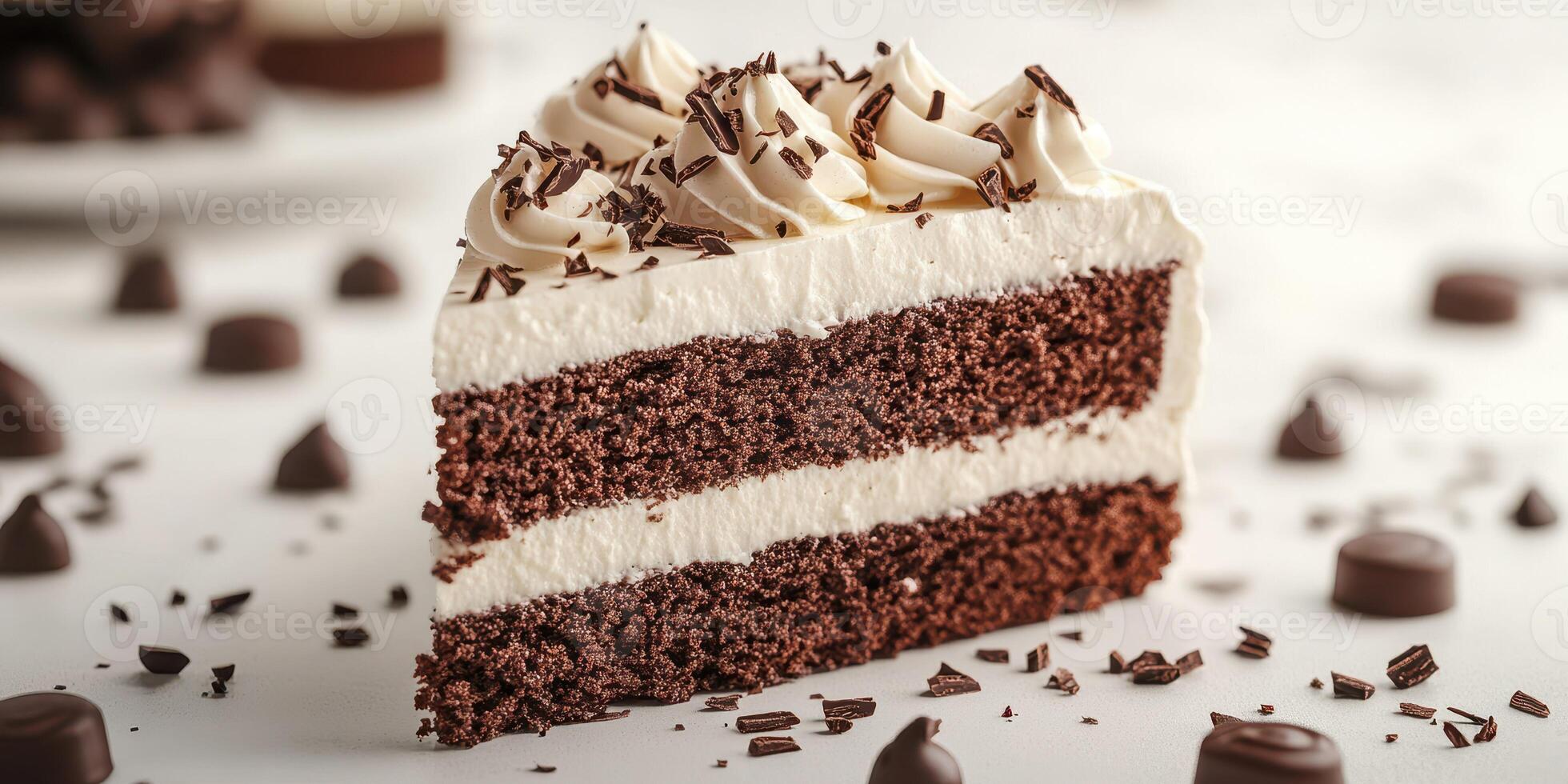 Delicious chocolate cake slice with creamy frosting and chocolate shavings on a light surface during a dessert gathering photo