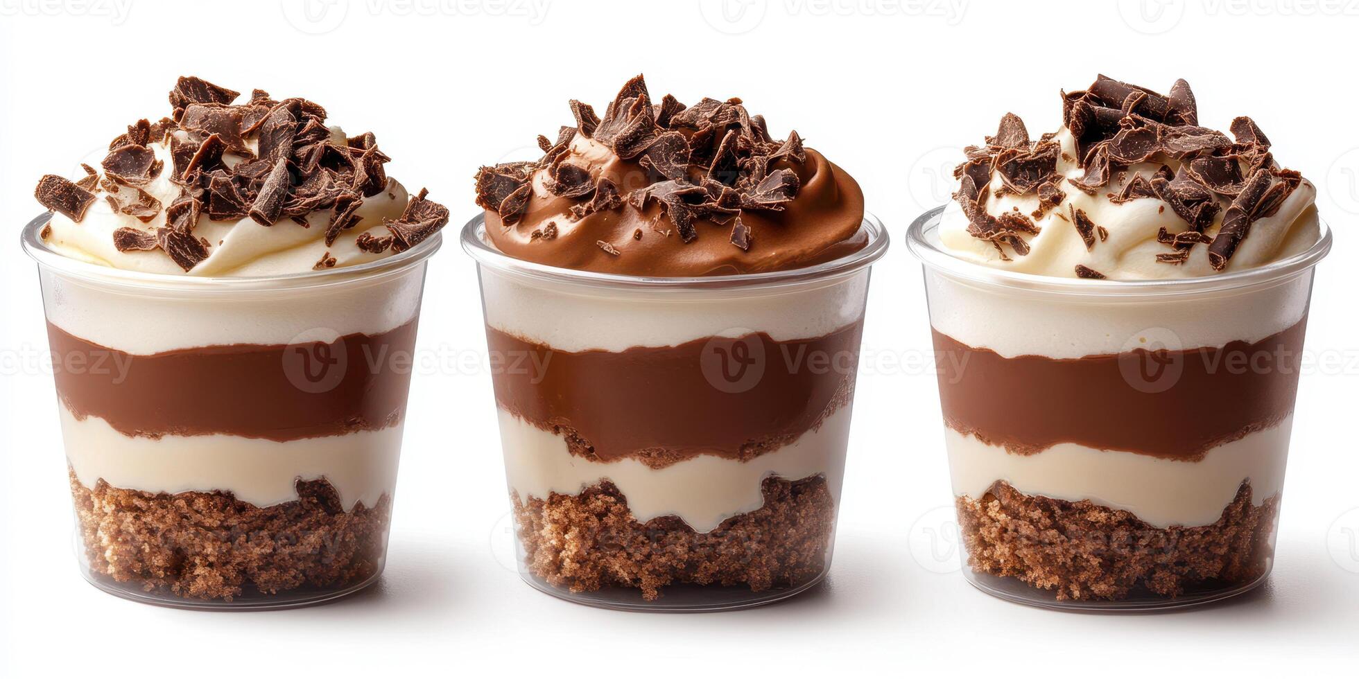 Delicious chocolate desserts served in clear cups with layers of cream and cake, perfect for any sweet tooth craving photo