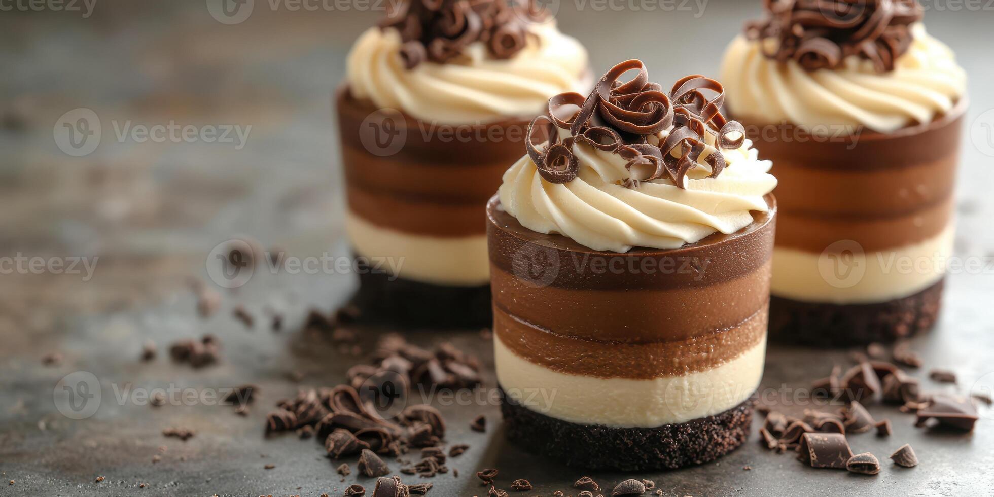 Delicious layered chocolate dessert with creamy chocolate frosting and chocolate curls served on a rustic surface photo