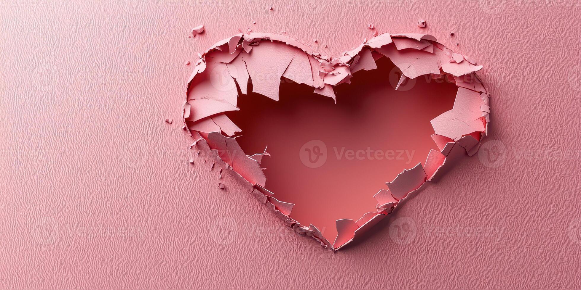 Heart shape emerging from a cracked wall on a pink background symbolizing love and vulnerability photo