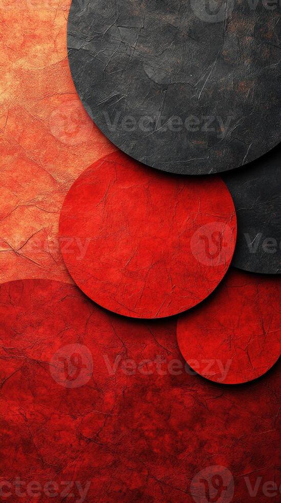 Colorful abstract design featuring textured circles layered on a vibrant background in shades of red and black, suitable for modern decor and artwork photo
