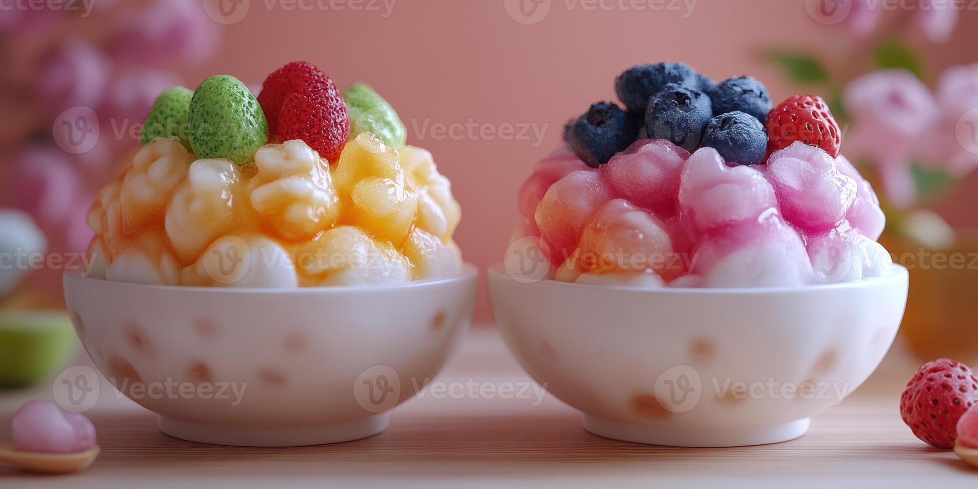 Colorful shaved ice dessert bowls topped with fruit served on a wooden table in a bright setting photo
