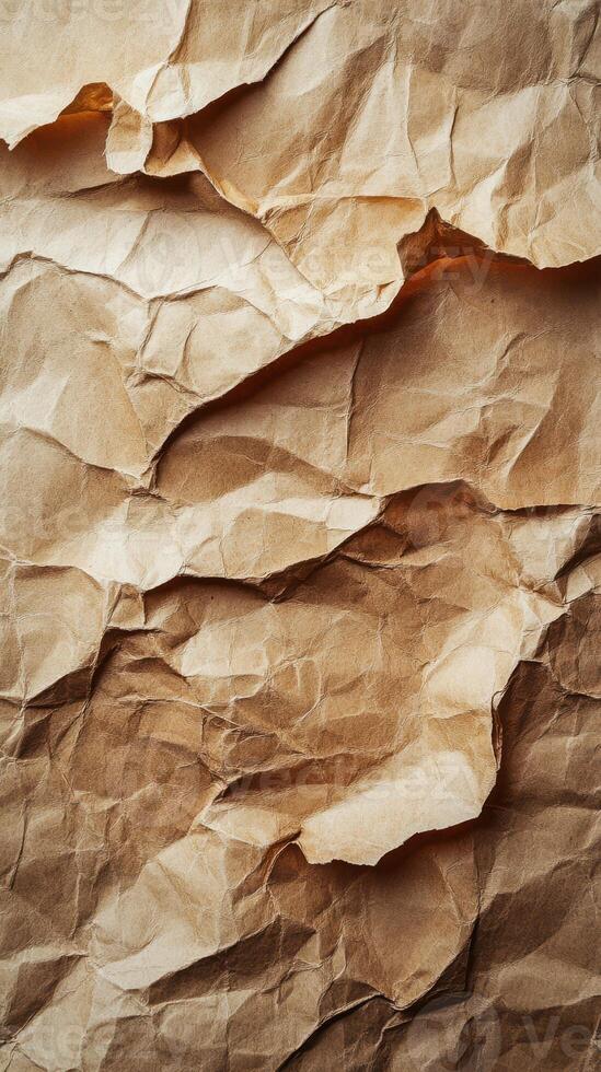 Textured brown paper surface with crumples and folds captures natural organic patterns and design nuances in a close-up view photo
