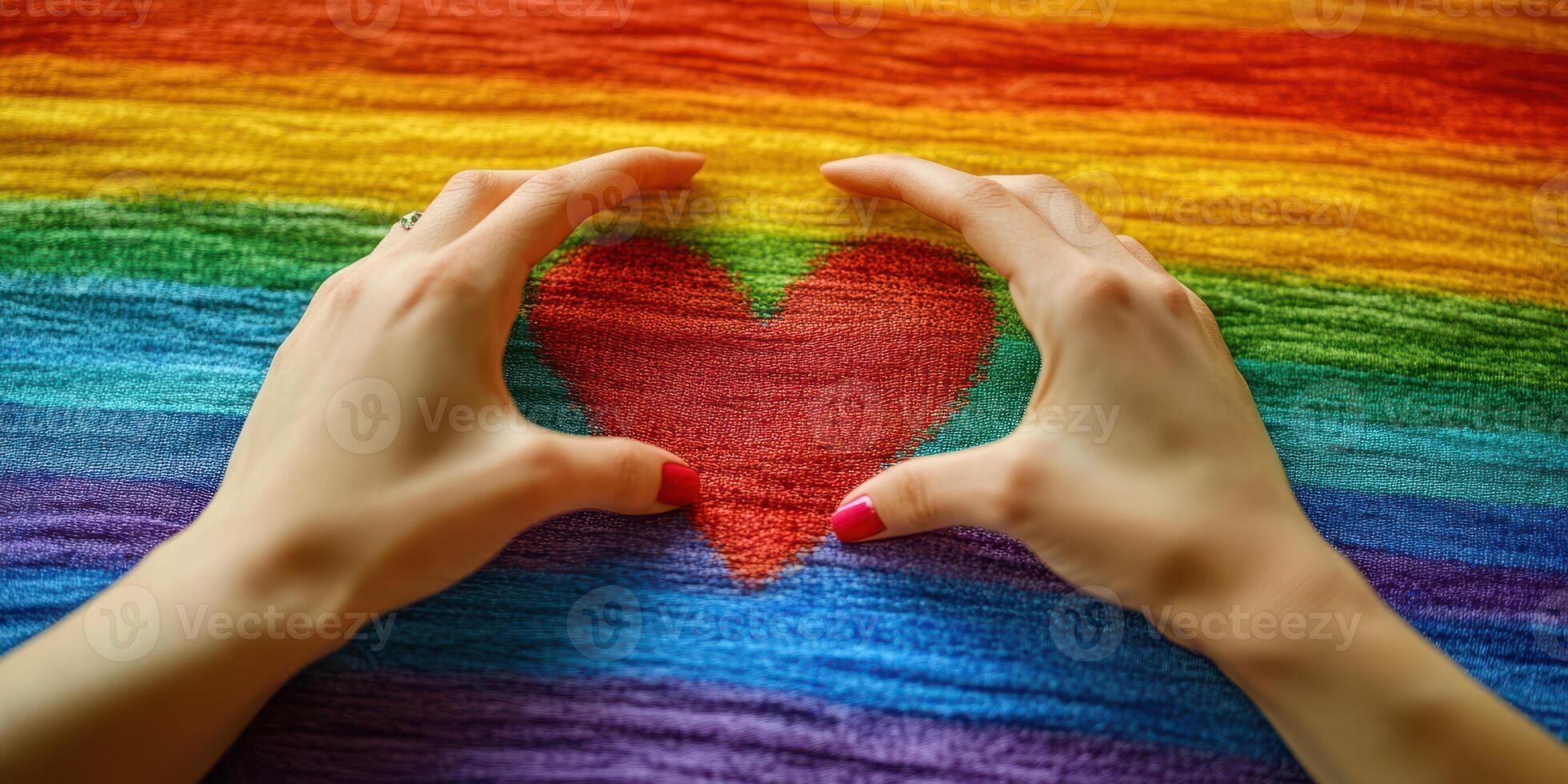 Hands forming a heart shape over a vibrant rainbow fabric backdrop expressing love and inclusivity photo
