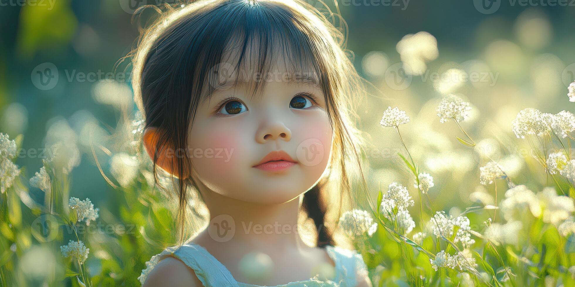 Little girl enjoying a sunny day in a field full of white flowers, surrounded by nature and soft sunlight photo