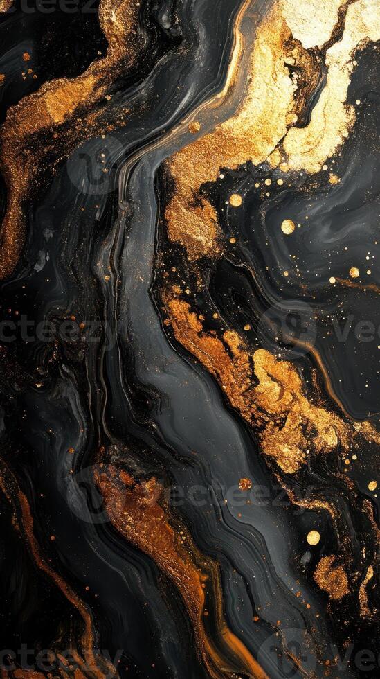 Abstract art with swirling black and gold patterns creating a dynamic flow of colors and textures photo