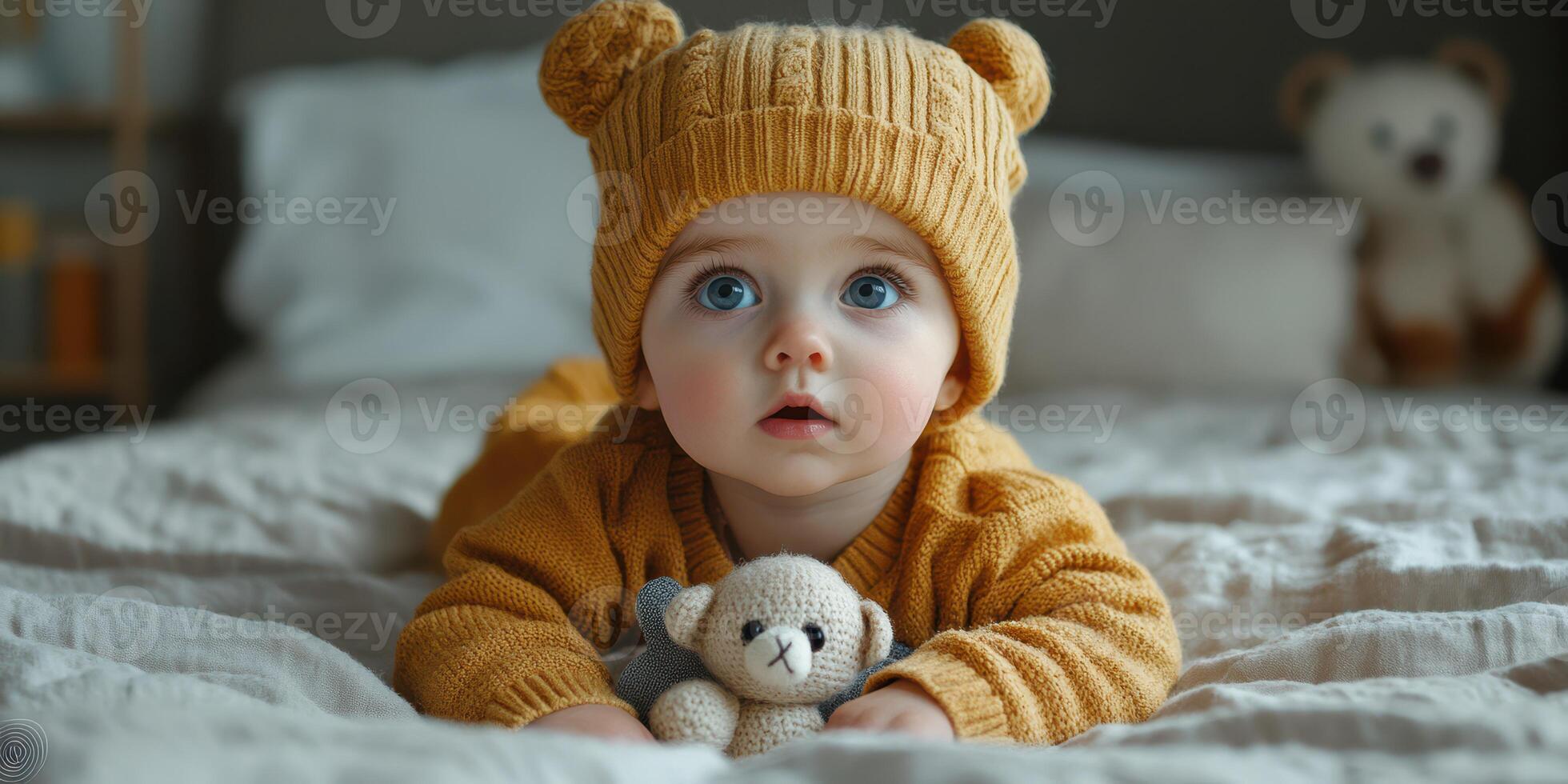 Baby in yellow sweater with bear hat playing with teddy bear on cozy bed indoors during morning light photo