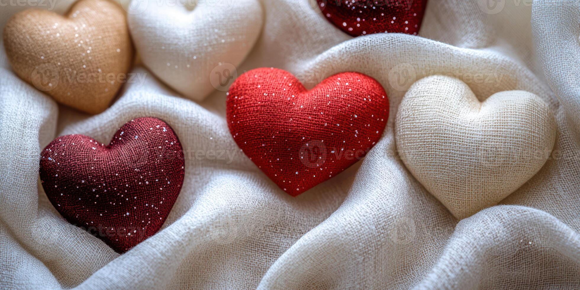Decorative hearts arranged on soft fabric creating a warm and cozy atmosphere during a romantic setting photo