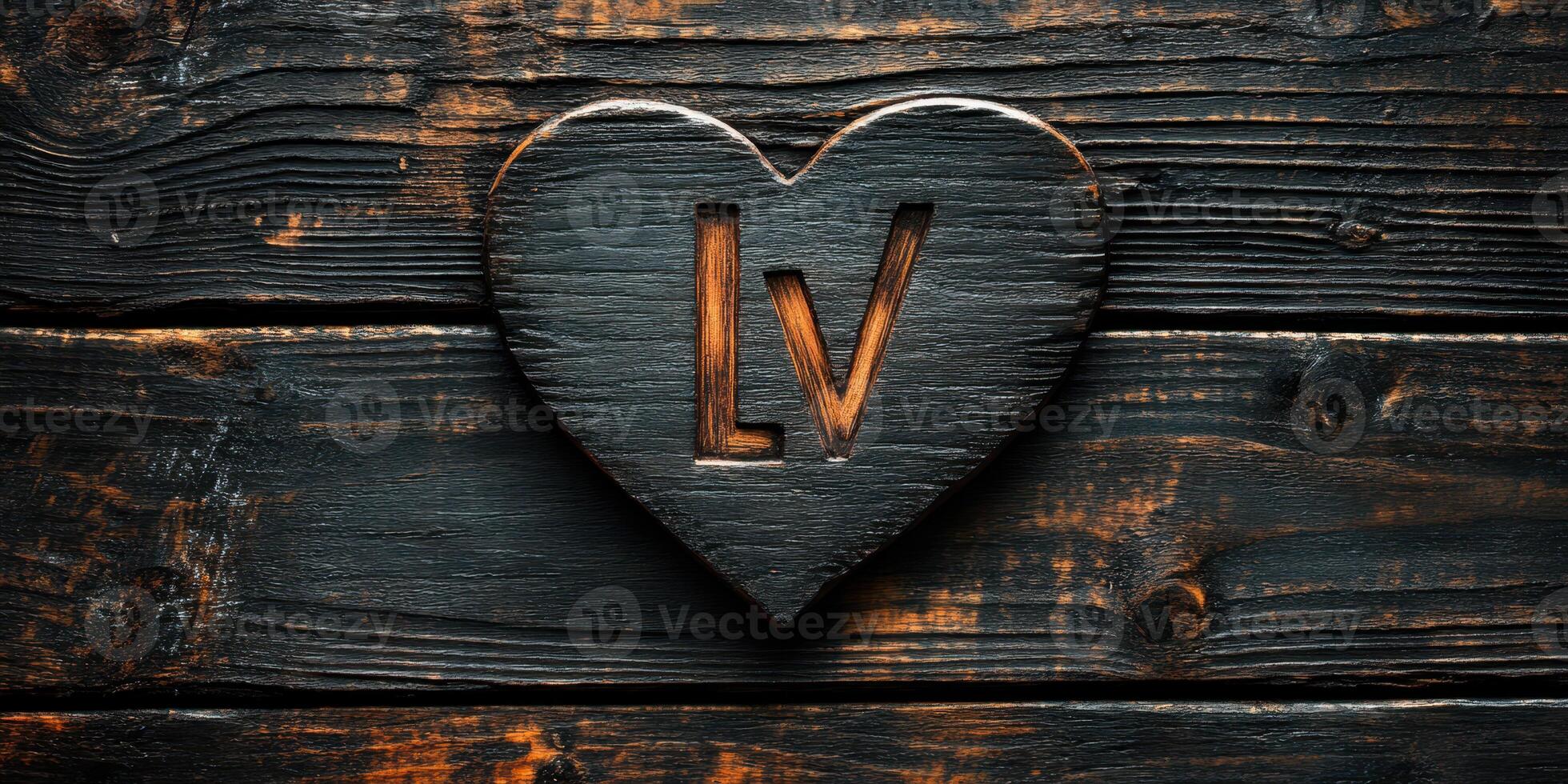 Carved wooden heart sign featuring LV initials on rustic black wooden surface photo