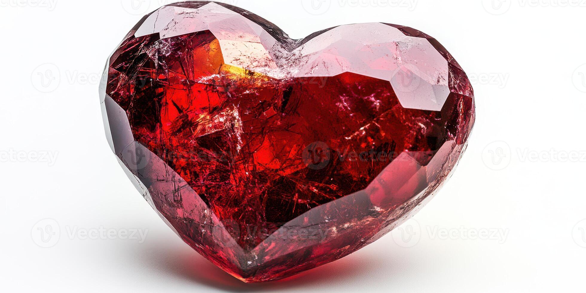 Brilliant red heart-shaped crystal sparkles under bright light with intricate facets and textures photo