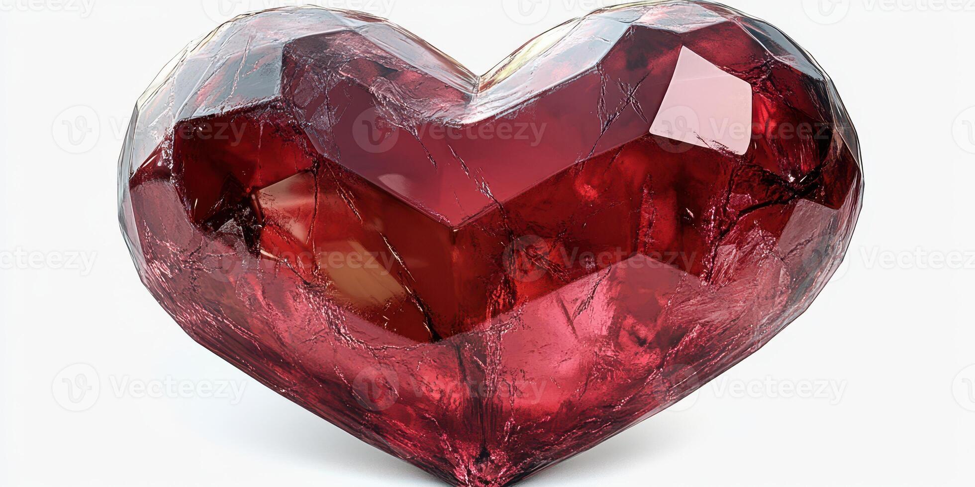 Heart-shaped gem sculpture crafted from deep red crystal with intricate facets and a polished surface, showcasing light reflections photo