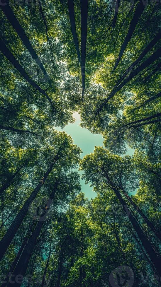 Lush green canopy viewed from below in a serene forest during a sunny day photo