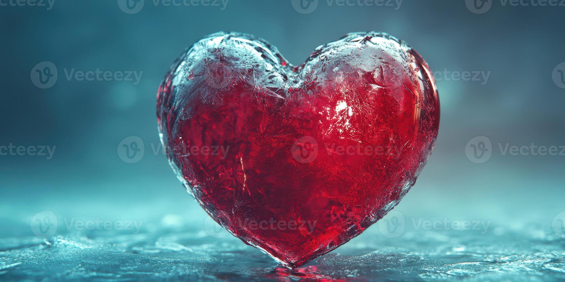 Shimmering red heart made of ice resting on a reflective surface with a cool background photo