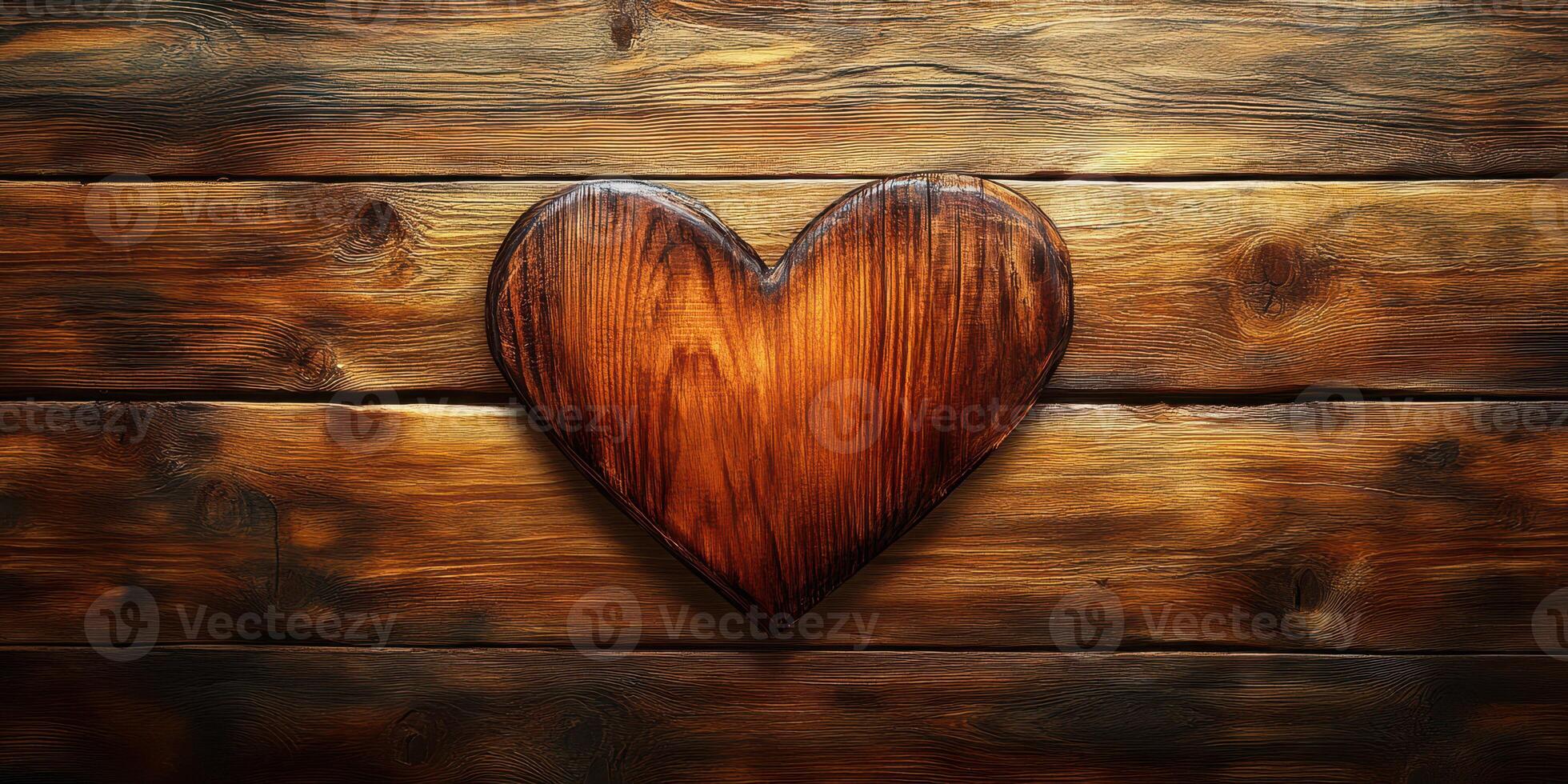 Heart-shaped wooden decoration on rustic wooden background exudes warmth and charm in a cozy setting photo