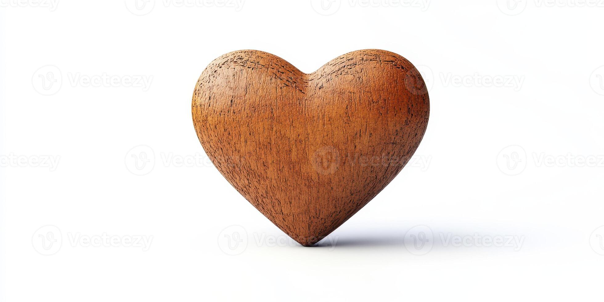 Wooden heart sculpture placed on a clean white surface for decorative purposes and artistic expression photo