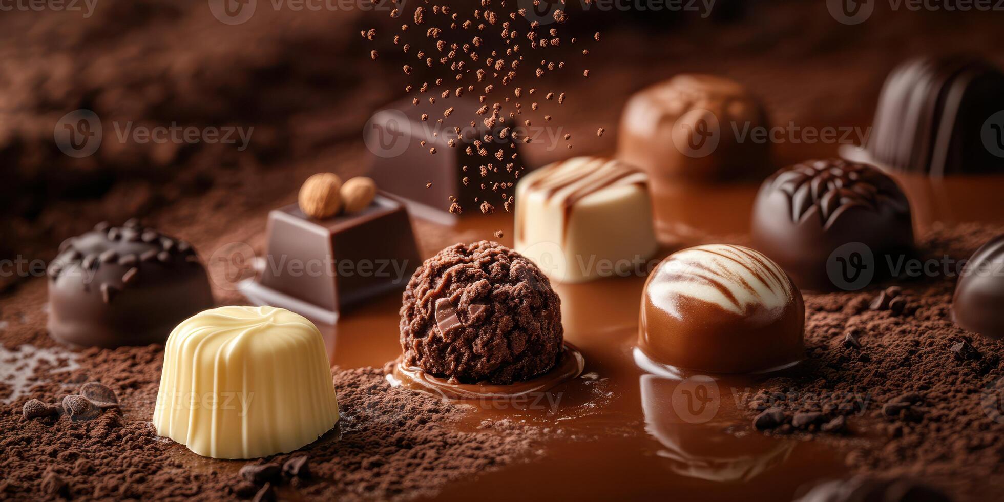Assorted handcrafted chocolates arranged on rich cocoa, with a sprinkle of cocoa powder, creating an enticing dessert display photo