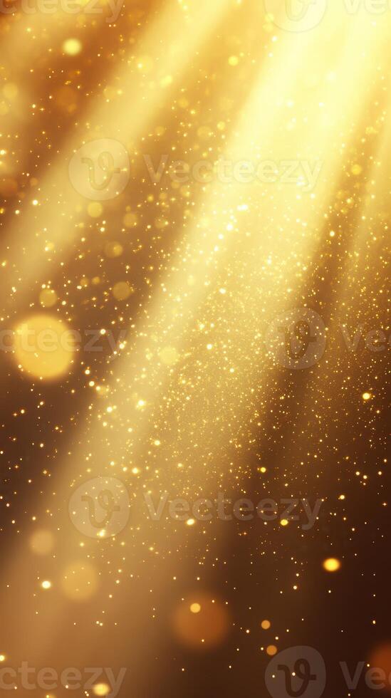 Golden light rays illuminating particles in a captivating display of beauty and sparkle during an evening event photo