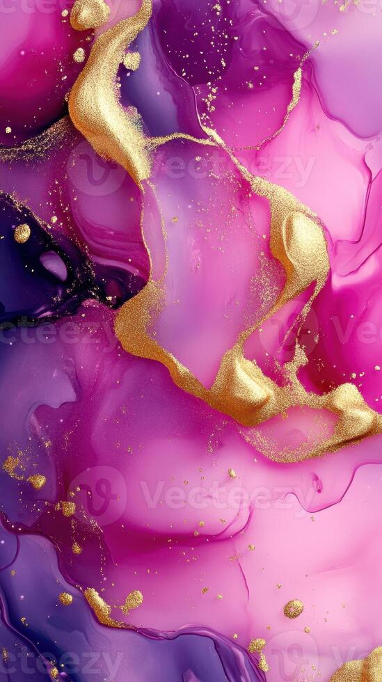 Colorful abstract art with flowing shapes and golden accents in vibrant pink and purple hues photo
