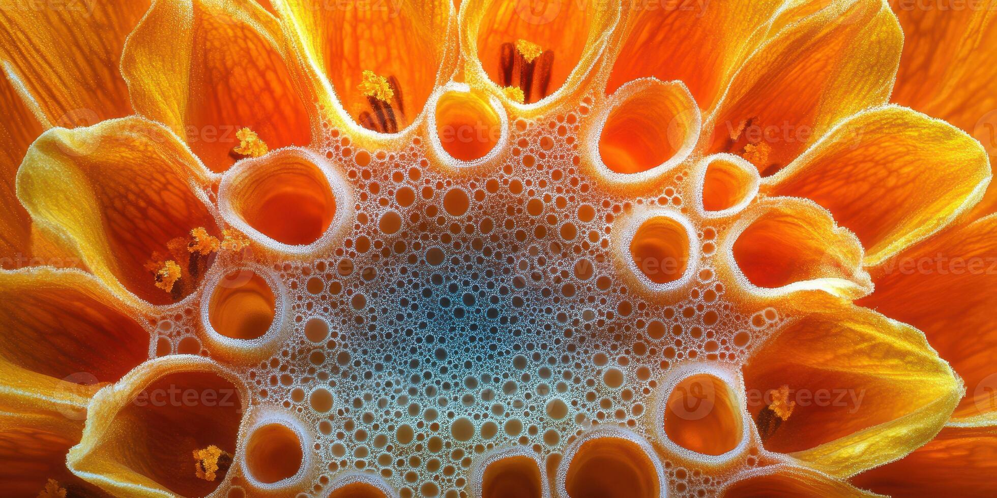 Close-up view of vibrant orange flower revealing intricate petal structure and soothing blue center filled with tiny bubbles photo