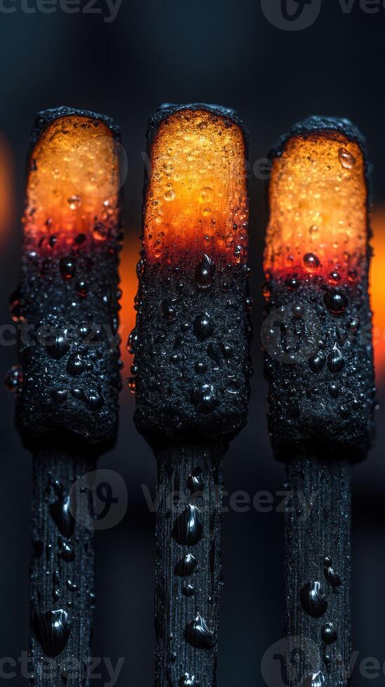 Close-up of glowing matchsticks with droplets, showcasing intense colors and textures in a dark setting photo