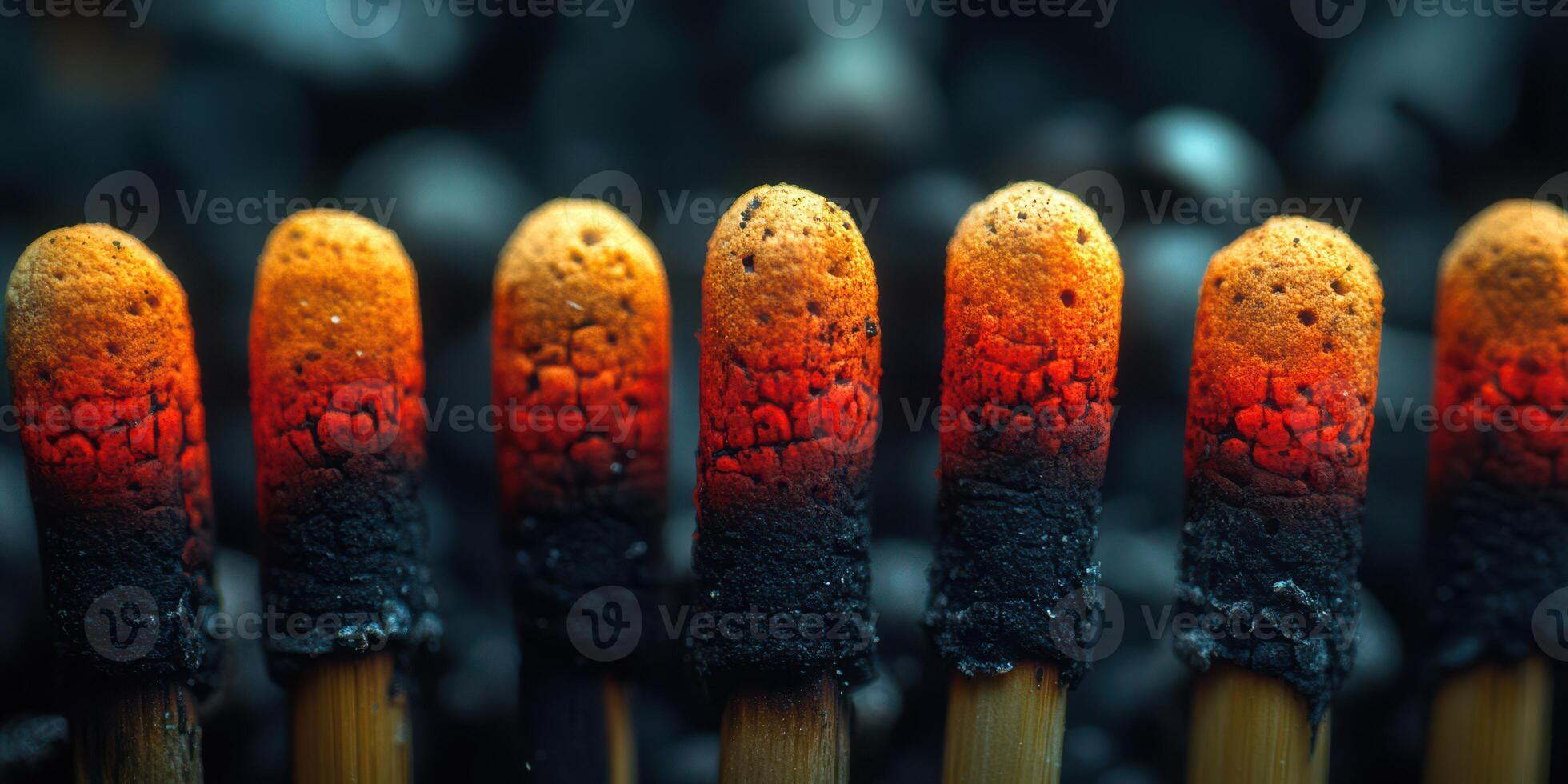 Row of burning matches with glowing tips creating a striking visual against a dark background photo