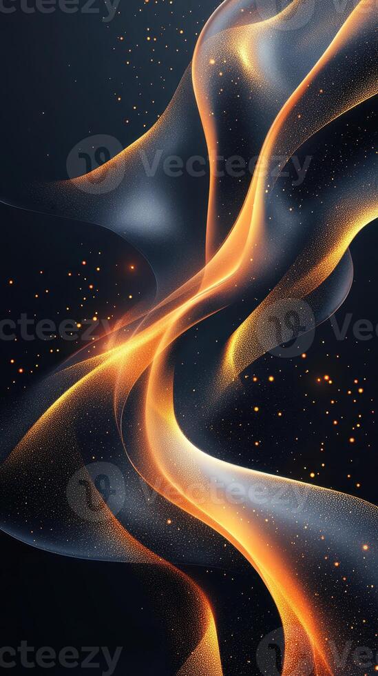 Dynamic abstract waves of golden light flow gracefully across a dark backdrop creating a sense of movement and energy photo