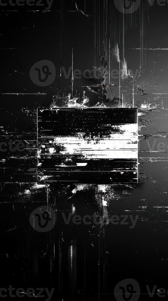 Abstract black and white digital artwork depicting chaotic lines and textures with a horizontal strip at the center photo